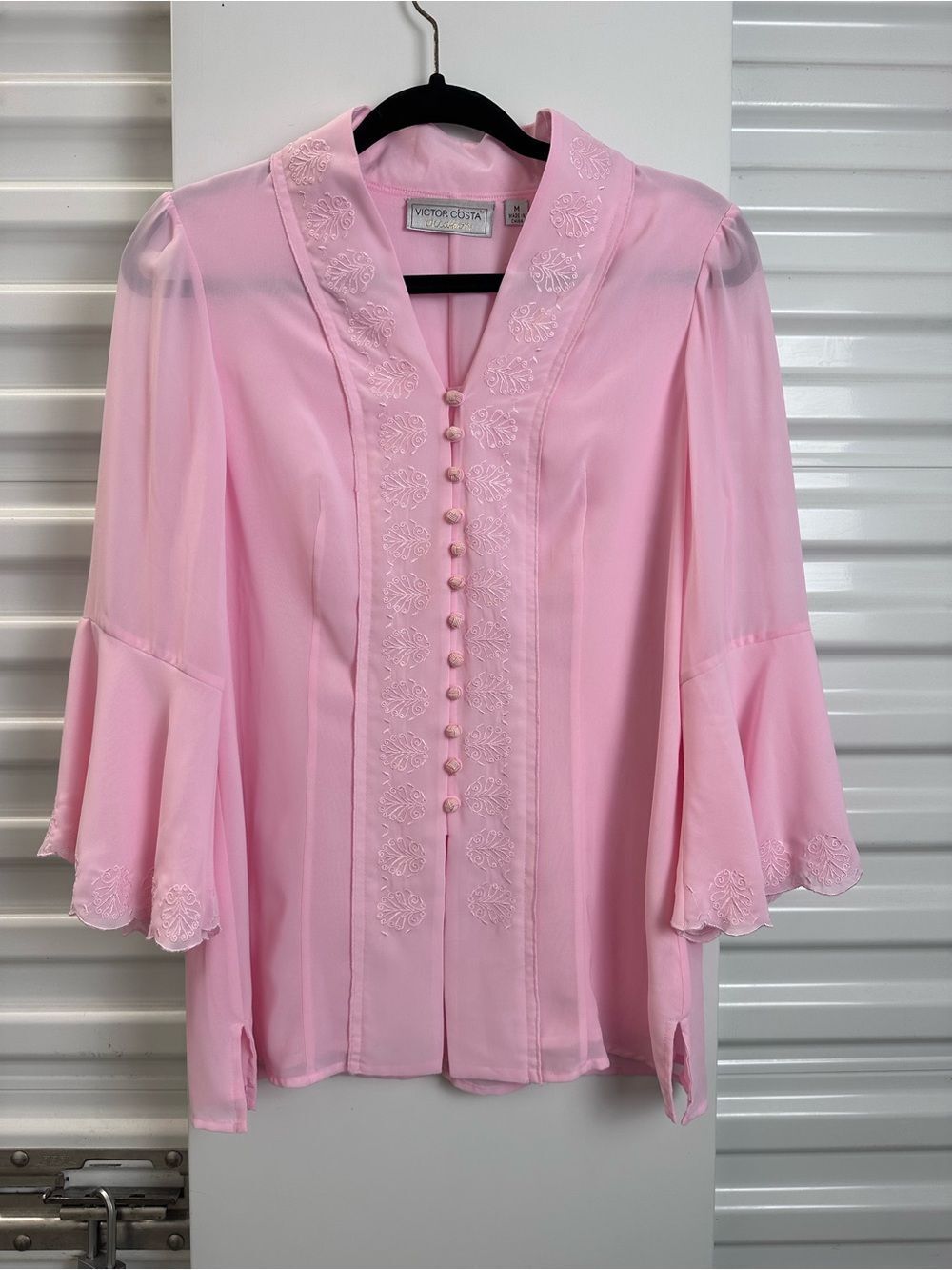 Victor Costa Soft Pink Embroidered Button-Front Blouse